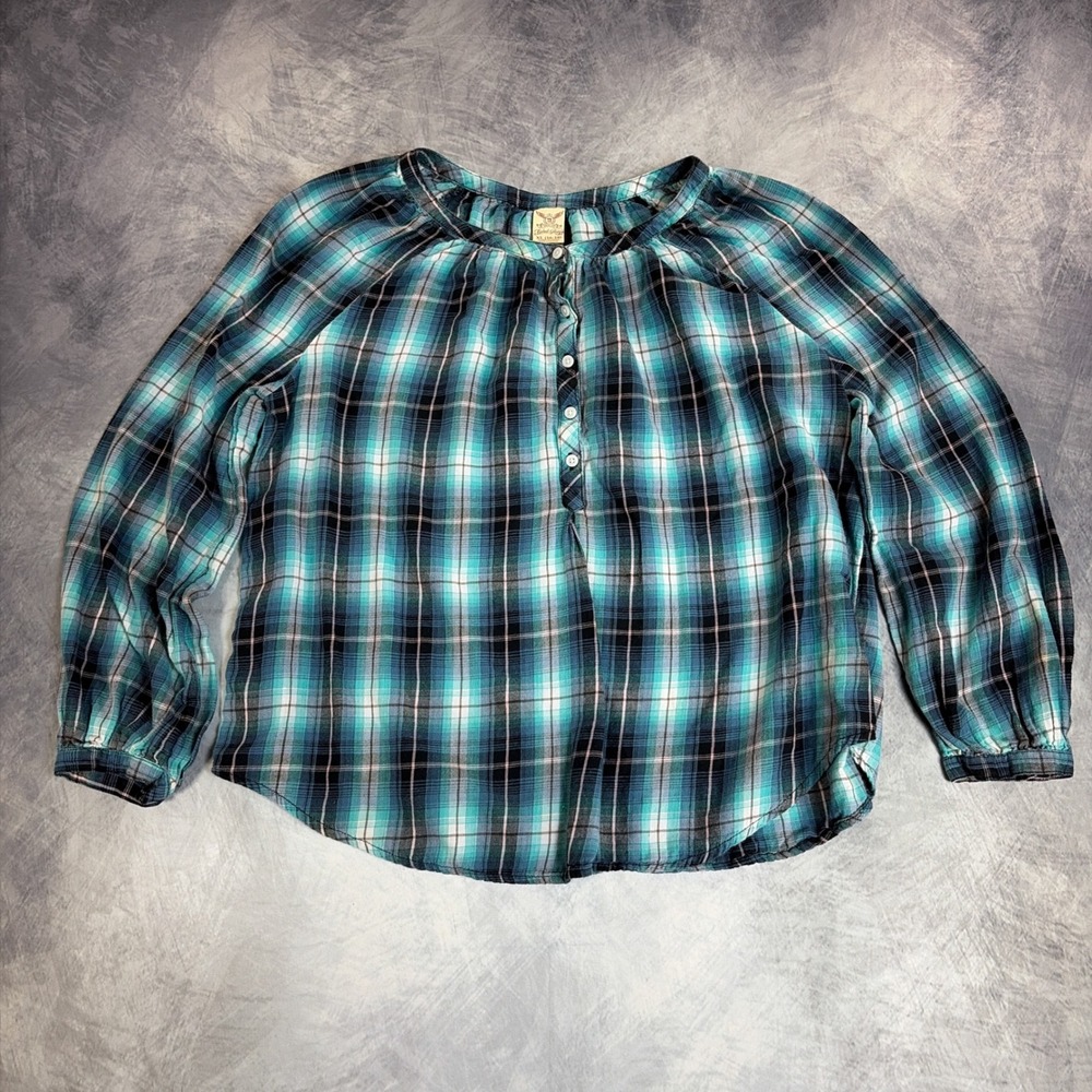 Faded Glory Plaid Blouse Women XL Teal Blue Long Sleeve Cotton Button Top